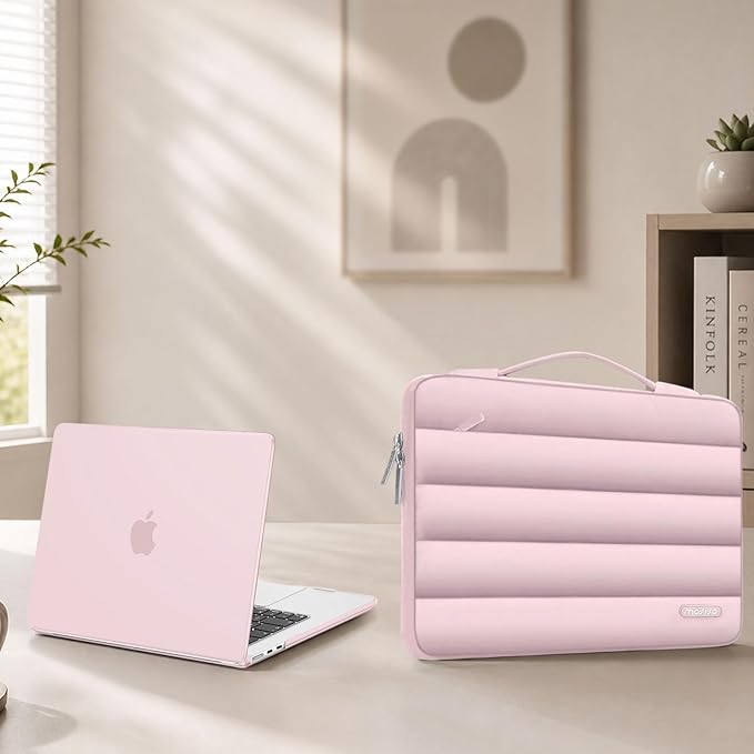 MOSISO Compatible with MacBook Air 15 inch Case M5 2026 M4 2025 M3 2024 M2 2023 A3448 A3241 A3114 A2941, Plastic Hard Shell Case&Puffy Sleeve Bag&Keyboard Skin&Webcam Cover&Screen Film, Baby Pink