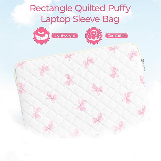 13-14 inch Cotton Quilted Laptop Sleeve for Women, Aesthetic Puffy Laptop Case Carrying Bag Compatible with MacBook Air/Pro 13/Pro 14, Soft Computer Liner Bag (Pink Bow, 13.3 inch)