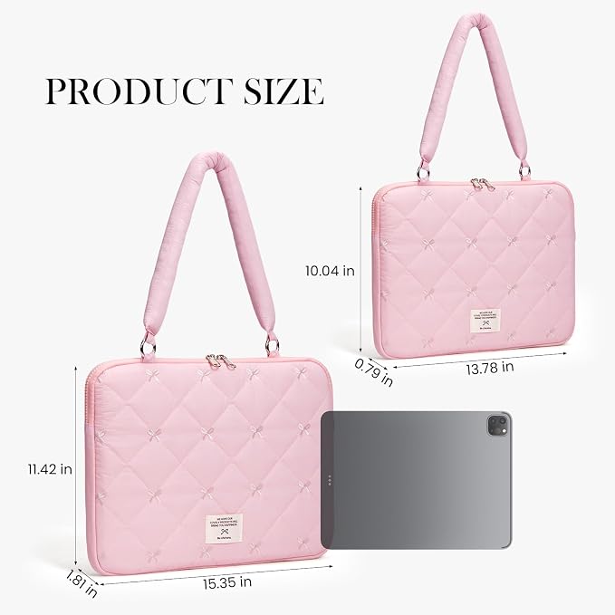 Cute Bow Laptop Case Coquette 13-15 Inch Puffy Laptop Sleeve Accessories Aesthetic Quilted Computer Bag for MacBook (Pink, 13-14inch)