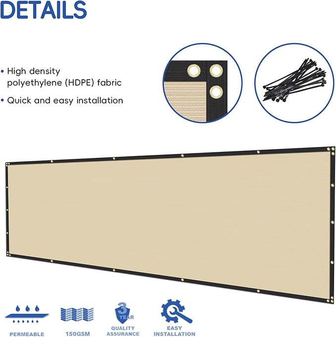 Bynbbur 6'x63' Privacy Fence Screen Net Fencing 90% Privacy Blockage Windscreen Fence Cover with Copper Grommet for Patio Backyard Garden Swimming Pool, Zip Ties Included, Beige