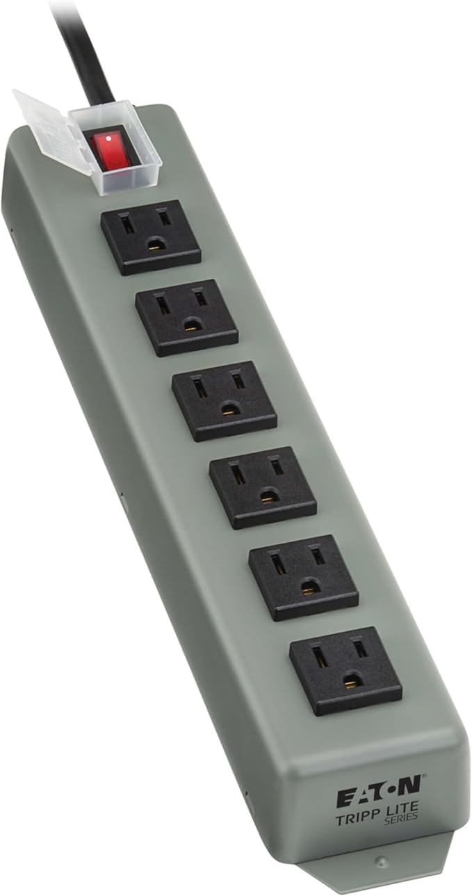 Eaton Tripp Lite Series 6-Outlet Heavy Duty Power Strip, Metal, Mountable (Wall Mount & Under Desk), 6ft Extension Cord, On/Off Switch Cover, Industrial Garage Shop Work Bench Applications (6SP)