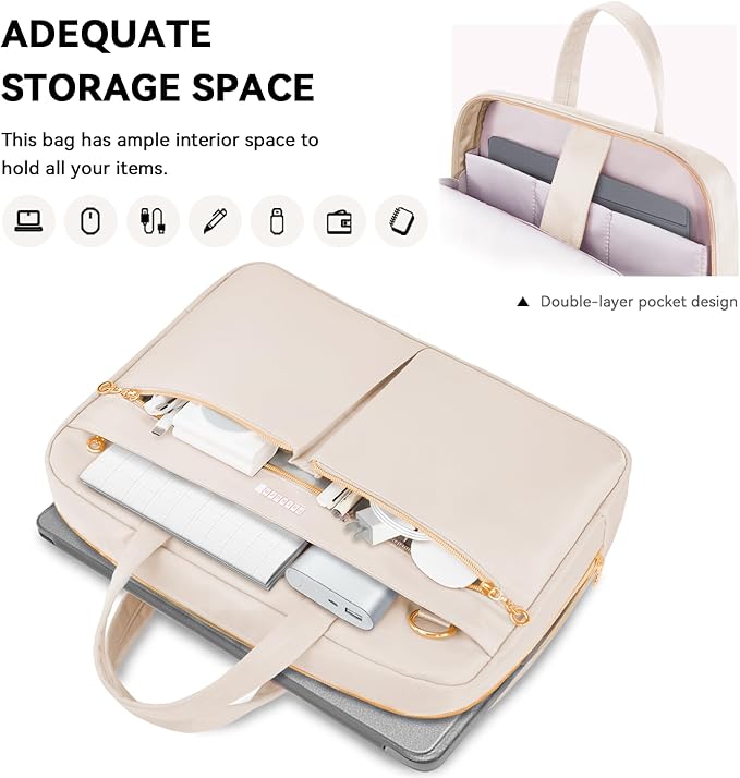 Ferkurn Laptop Bag Case Women Men Computer Bag Compatible with MacBook/HP/LG/Dell, Shoulder Strap Slim Carrying Messenger Briefcase, Beige, 14 Inch