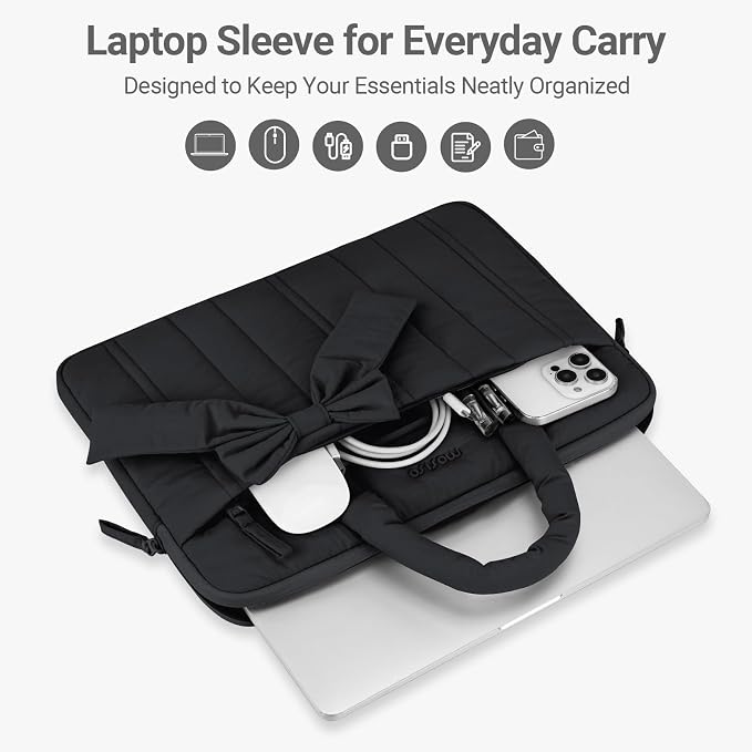 MOSISO Laptop Case 13.3 inch, 13-13.3 inch Puffy Laptop Sleeve Compatible with MacBook Neo/Air 13.6 M5 M4 M3 M2 M1/Pro 13/14, HP Dell ASUS Lenovo, Rectangle Quilted Carrying Bag with Bow&Handle, Black