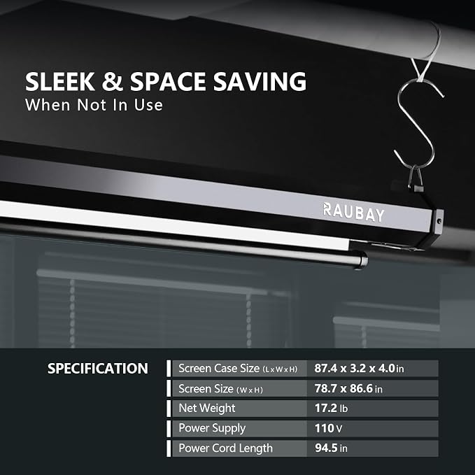 RAUBAY Motorized Pull Down White Screen Backdrop - 78.7" x 86.6" Collapsible Wall-Mount Background for Professional Video Production, Photography Studio, Video Conferencing and YouTube, TikTok Creator