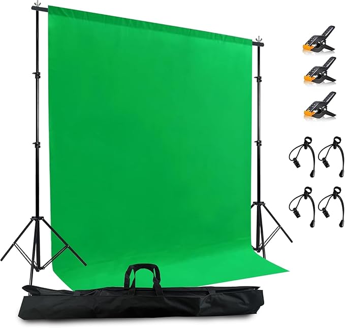 2 in 1 Green Backdrop Stand Kit, 6.5x6.5 ft Portable Dual Rod Stand kit with 6x7ft Green Backdrop-Premium Polyester for Video Streaming, Portrait Photoshoot, Wall Mounted, Parties