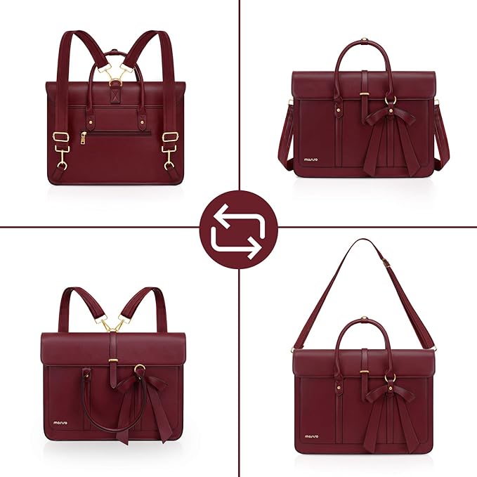 MOSISO Laptop Bag for Women, 17 inch PU Leather Laptop Shoulder Bags Convertible Backpack, 17.3 inch Messenger Bags Casual Handbag Work Briefcase Travel Computer Bag with Bowknot, Wine Red