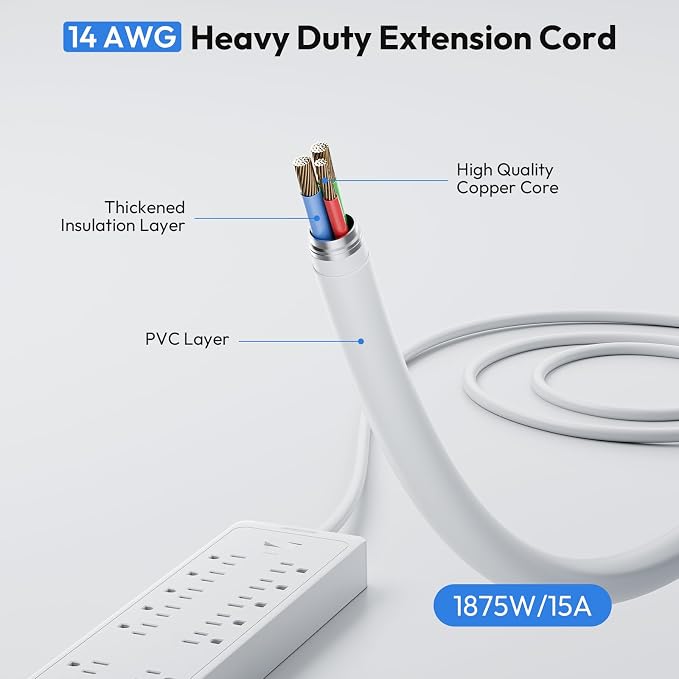 25Ft Extension Cord, NTONPOWER Long Cord Power Strip with 12 Outlet 3 USB(1 USB C), 2100 Joules, 1875W/15A, Overload Protection, Wall Mount for Home Office, Workbench, Garage, White