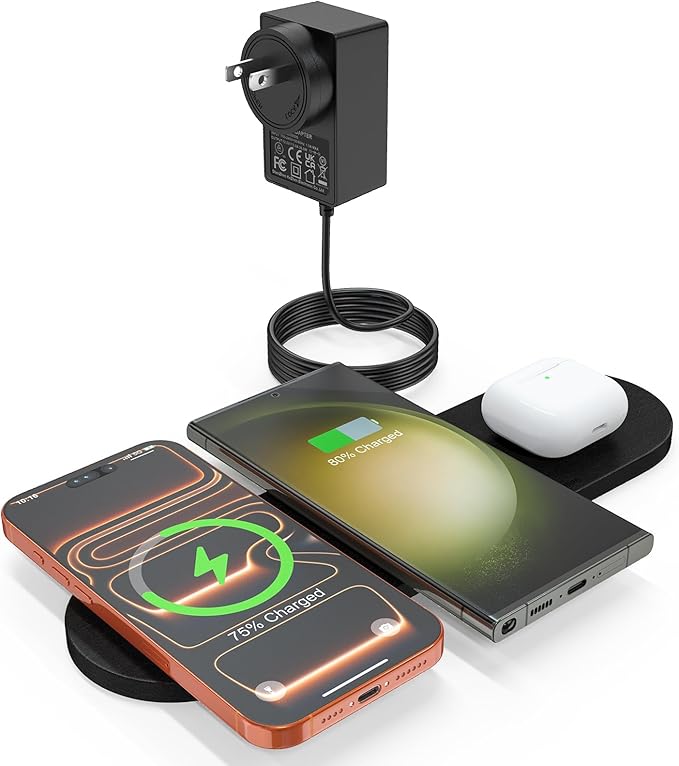 ZealSound 3-in-1 Wireless Charging Pad, Fast Charger Mat with 36W Adapter for iPhone 17/16/15, Samsung Galaxy, Pixel, AirPods & Galaxy Buds, Ultra Slim Case Friendly PU Leather for Home Office Travel