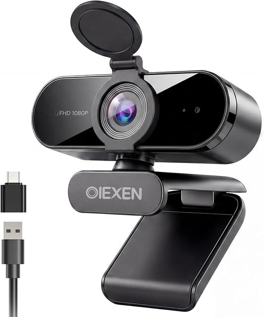 1080P Webcam with Microphone Noise Reduction, Auto Exposure, 90°FOV Wide Angle, Privacy Cover, USB-A to C Adapter, Plug & Play Streaming Camera for PC/Mac/Switch 2, Zoom/Teams/Skype/Meetings
