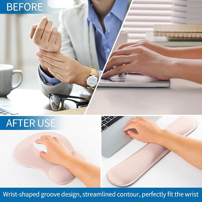 RICHEN Wrist Rest Support for Mouse Pad&Keyboard Set with Coaster,Concave Curved Memory Foam, Non-Slip Base Pain Relief Comfortable Easy Typing Pad for Home/Office (Lycra Pink)