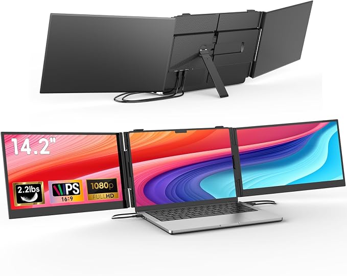 14.2" Triple Laptop Screen Extender, Ultra-Thin FHD 1080P IPS Portable Monitor for Laptop, Aluminum Alloy Tri-Screen Travel Monitor, Plug & Play for Windows/Mac/Chrome, Fits 13"-17.3" Laptops