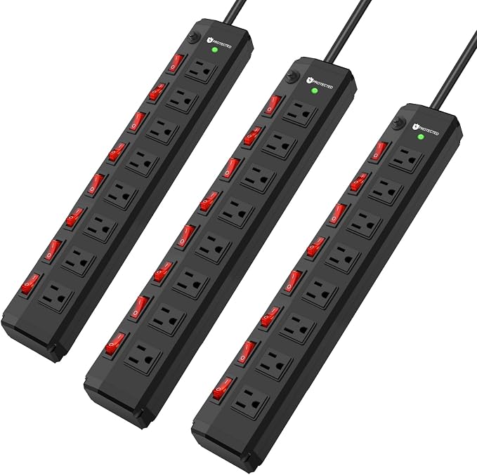 3PCS 8 Outlet Heavy Duty Power Strip with 8 Individual Switches,Moutable Metal Power Strip Surge Protector 1200 Joules,6FT 14AWG Extension Cord,15A 1800W 125V 60Hz