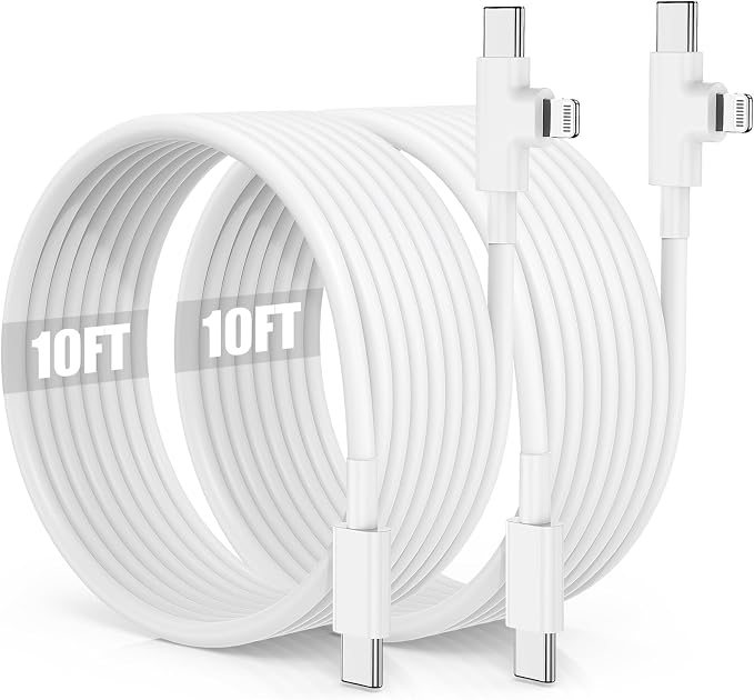 2 in 1 USB C to C Cable/Type C to Lightning Charger Cable 10ft, Long Type C to C and USB C to Lightning Charging Cord for Apple iPhone 17 Pro Max/17 Air/16 Plus/15/14 Pro/13/12 Mini/11/XS Max/iPad Air