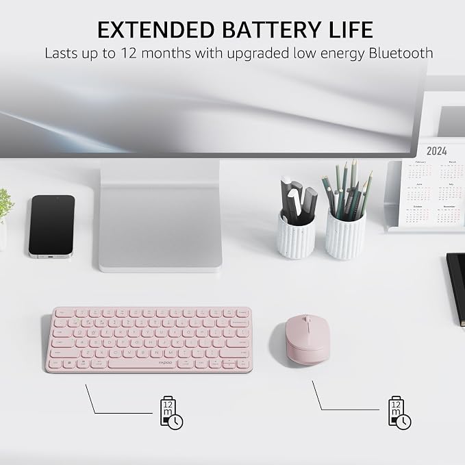 Rapoo Multi-Device Keyboard and Mouse Combo, 2.4GHz/Bluetooth 5.0/4.0 Wireless Keyboard & Mouse Set for Windows/Mac/Linux/Chrome, Support 4 Devices, Low-Profile Silent Click, Battery Powered, Pink