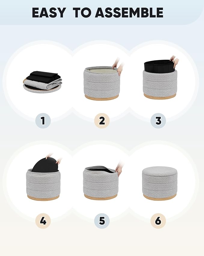 B FSOBEIIALEO Round Storage Ottoman with Tray, Folding Ottoman with Storage Coffee Table Foot Rest for Dorm Room Living Room Chenille Fabric,Sliver Grey,22.83"x22.83"x17.34"