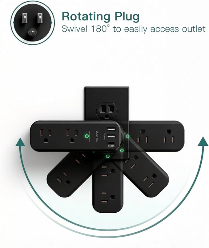 Addtam Surge Protector Outlet Extender with Rotating Plug, 6 AC Outlets & 3 USB Ports, 1800J Wall Power Strip, 3-Sided Spaced Outlet Splitter for Home, Office, Travel, Black