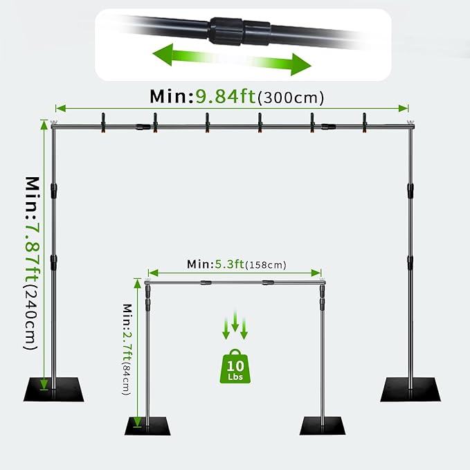 Green Screen Backdrop Kit, 8x10ft Metal Base Photo Studio Support System, Adjustable Backdrop Frame for Photography, Streaming, Weddings, Projector Screen, Tool-Free Setup & Portable Carry Bag