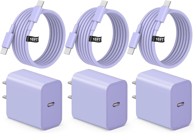 iPhone 17 16 15 Fast Charging 10FT Long USB C Charger Type C Charger 3 Pack Fast Charger USB C for iPhone 17/17 Plus/17 Pro/17 Pro Max/16/16 Plus/16 Pro/16 Pro Max/15 Pro Max,iPad Pro,Samsung(Purple)