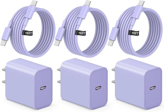 iPhone 17 16 15 Fast Charging 10FT Long USB C Charger Type C Charger 3 Pack Fast Charger USB C for iPhone 17/17 Plus/17 Pro/17 Pro Max/16/16 Plus/16 Pro/16 Pro Max/15 Pro Max,iPad Pro,Samsung(Purple)