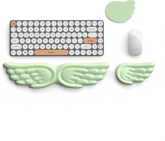 Angel Wing Wrist Rest Ergonomic Memory Foam Wrist Rest for Computer Keyboard Mouse Set with Cup Mat, Cute Gaming Keyboard Cushion Hand Support PU Leather Surface Anti-Slip Waterproof (Green)