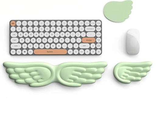 Angel Wing Wrist Rest Ergonomic Memory Foam Wrist Rest for Computer Keyboard Mouse Set with Cup Mat, Cute Gaming Keyboard Cushion Hand Support PU Leather Surface Anti-Slip Waterproof (Green)