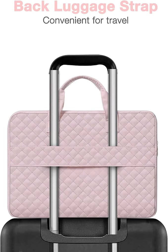 MOSISO 360 Protective Laptop Case 13.3 inch, 13-13.3 inch Laptop Sleeve Compatible with MacBook Air/Pro 13/Pro 14,HP Dell ASUS Lenovo, Square Quilted Bag Cover with 2 Pockets&Handle&Belt, Pink