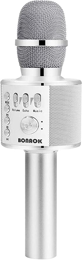 BONAOK Wireless Bluetooth Karaoke Microphone,3-in-1 Portable Handheld Mic Speaker for All Smartphones,Gifts for Kids Adults All Age Q37(Silver)