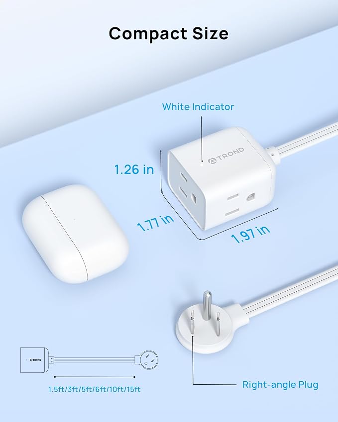 TROND Flat Plug Extension Cord 5 ft- Rightward Lower Profile Power Strip, No Blocking 3 Way Outlets, Three Prong, 1625W, Small for Tight Space Behind Furniture Indoor Home Office Cruise Travel, White