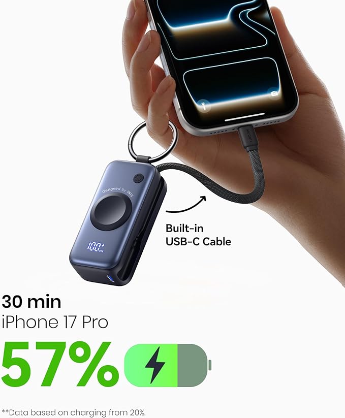 INIU SnapGo Portable Charger, Mini Power Bank for Apple Watch & Phone, 5000mAh 20W Fast Charging Battery Pack with Built-in USB C Cable, Flight-Safe Keychain, for Apple Watch iPhone 17 16 Samsung etc