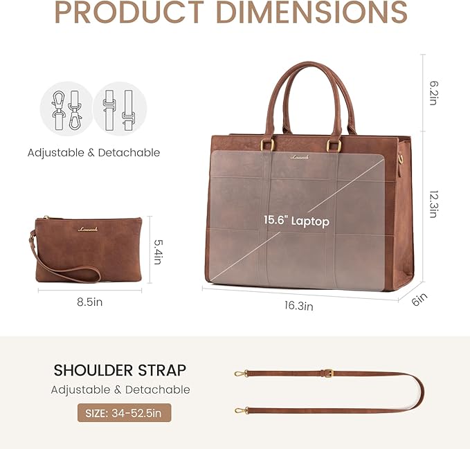 LOVEVOOK Laptop Bag for Women, 15.6 Inch Laptop Tote Bag, Vintage Leather Work Bags for Women, Waterproof Computer bag with Clutch Purse, Large Capacity Briefcase, Business Office Bag | Two-piece set