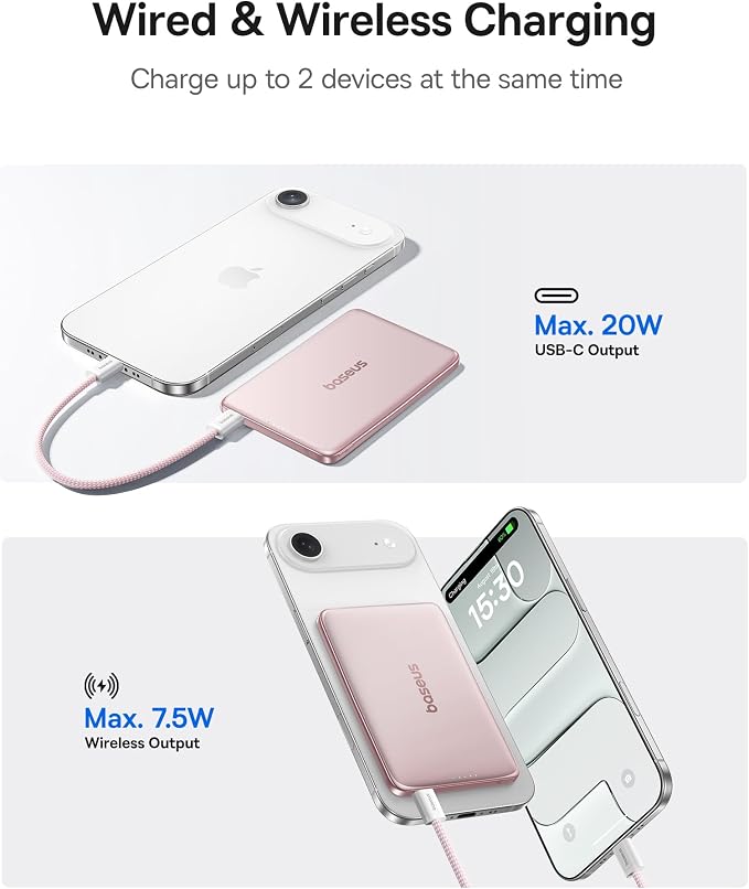 Baseus Picogo Power Bank, 0.3" Ultra Slim 5000mAh MagSafe Battery Pack, Upgraded CCC Certified and Polished Alloy Magnetic Portable Charger, Wireless Charger for iPhone 17/16/15/14/13/12