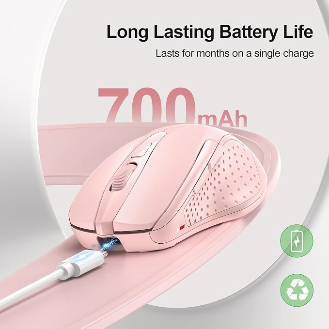 TECKNET Wireless Mouse Rechargeable, 2.4G USB-A Silent Mouse, Quiet Click, 6 Adjustable 4800 DPI, Cordless Computer Mice, Ergonomic Mice for Laptop, 6 Buttons for Chromebook, Ergo Grip - Pink