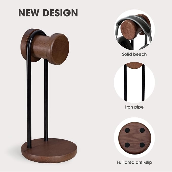 Fenge 11.3" Tall Headphone Stand for Desk, Nature Wood & Metal Headphone Holder with Storage Base, Desktop Headset Stand for Gaming Universal Headphones, Brown