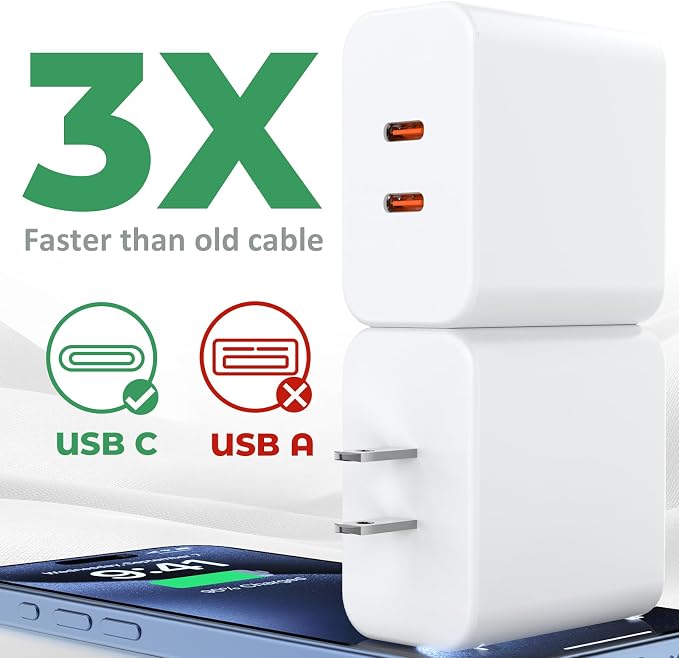 USB C Charger Block, 40W Dual Port Fast Charger 20W Type C Charging Block 3.1A USB Wall Charger Dual Port PD+QC Charging Cube for iPhone 15 16 14 13 12 11 Pro Max XS, iPad, Samsung Phone, Tablet