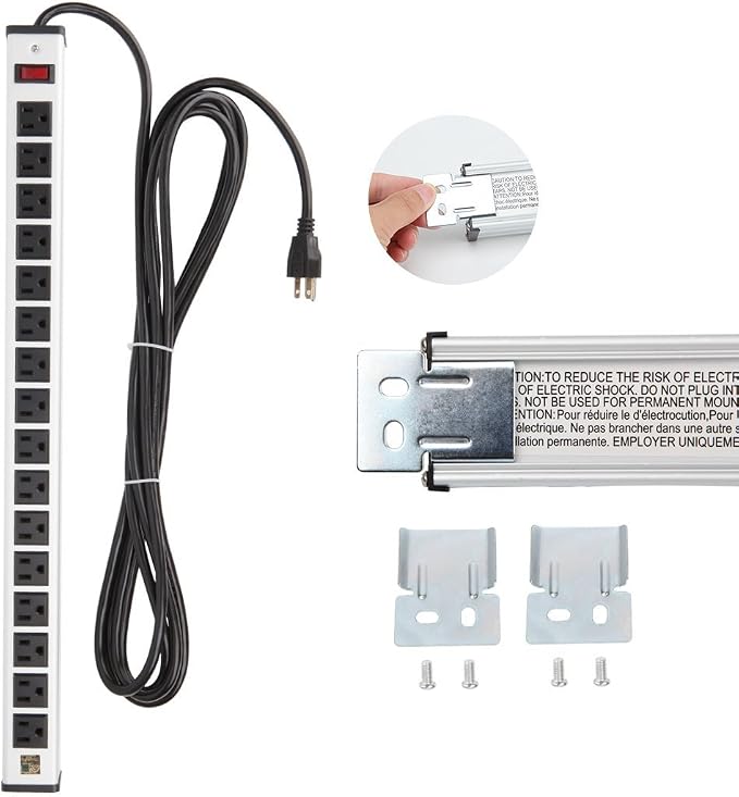 20 Outlet Heavy Duty Metal Socket Power Strip,15-Foot Long Extension Cord with Circuit Breaker. Mounting Brackets Included,Workshop/Industrial use,ETL Certified
