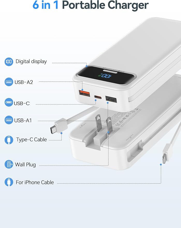 20000mAh Lightweight-Portable-Charger-Power-Bank with Built-in Cables and AC Wall Plug, PD20W USB-C Fast Charging Battery Pack, LED Display External Travel Phone Charger for All iPhone,Samsung,Android
