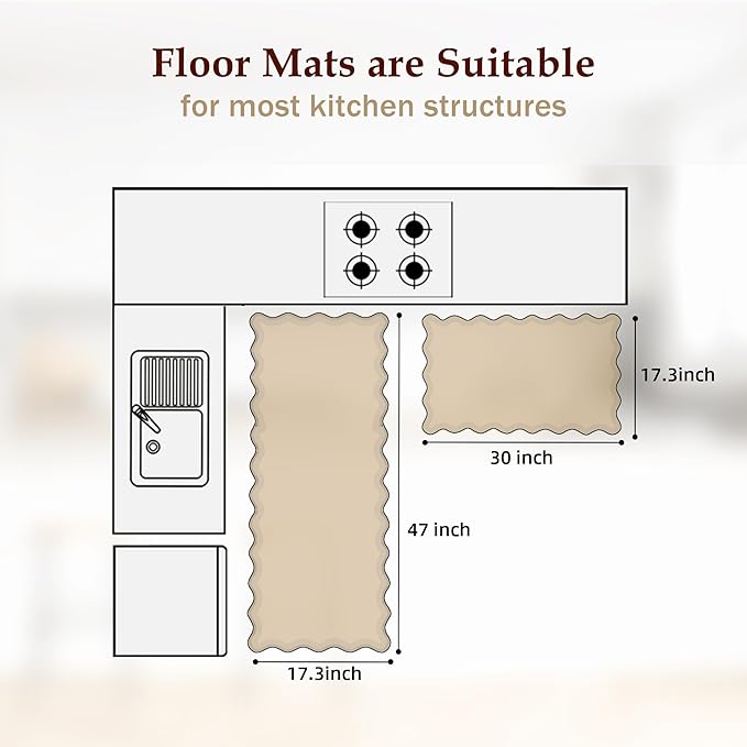 Arenarug Scalloped Black Kitchen Mats for Floor 2PC Cushioned Anti Fatigue Kitchen Mats Rugs Waterproof Non Slip Farmhouse Boho Floral Comfort Foam Standing Mat for Sink Laundry