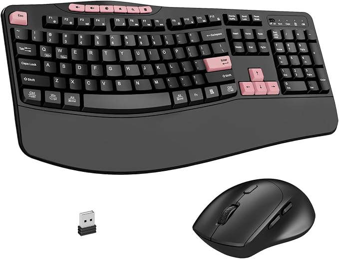 Wireless Keyboard and Mouse Combo, Ergonomic Keyboard with 6 Multimedia Keys, 2.4G Full Size Keyboard with Wrist Rest, 3-Level DPI Wireless Silent Mouse with 6-Buttons, for Windows (Pink)