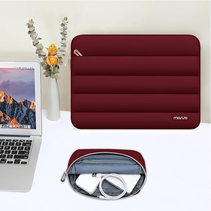 MOSISO Laptop Case 16 inch, 15-15.6 inch Puffy Laptop Sleeve Compatible with MacBook Pro 16 M5 M4 M3 M2 M1, HP Dell ASUS Acer Toshiba Lenovo, Polyester Horizontal Bag with Small Case, Red