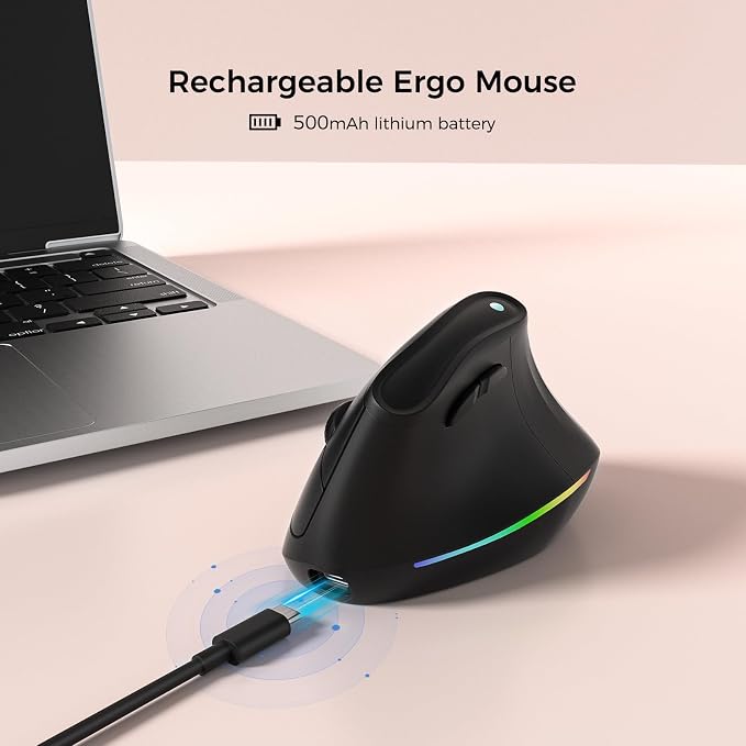 KYSONA 57° Ergonomic Wireless Rechargeable Mouse, Vertical Quiet Ergo Mouse, Bluetooth(BT5.0,BT3.0)&2.4G, (800/1200/2400/2400/4000), 7 Buttons for Windows, macOS, iPadOS, Laptop, PC, Black