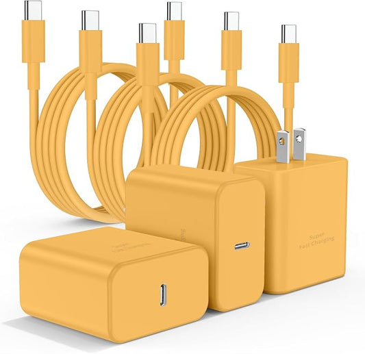 3Pack USB C Charger for Samsung Galaxy S24 Ultra, Super Quite Fast Charging Type C Block with 6FT C to C Cord for Samsung Galaxy Tab S9 S8 S23 Ultra S22 Ultra S23 S22 S21 Note 10 Plus 20,Yellow