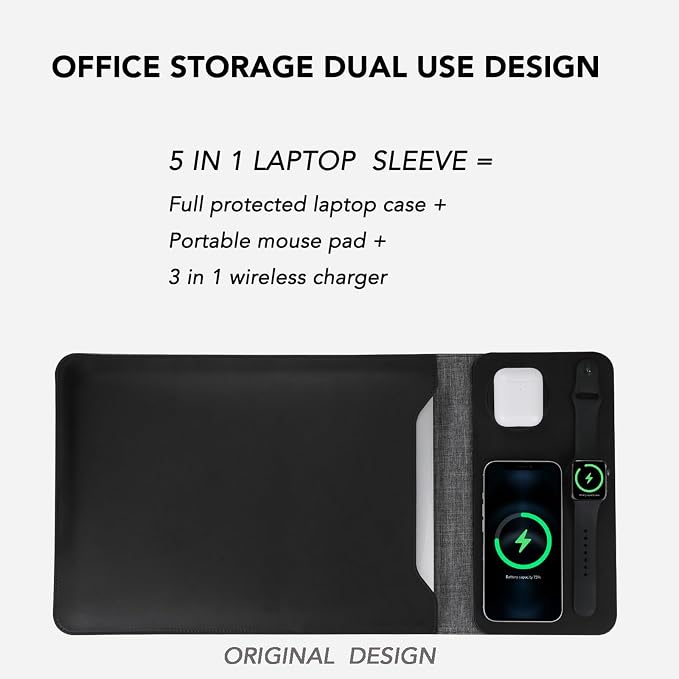 5-in-1 Laptop Sleeve with Wireless Charging for iPad MacBook Pro 12" 13" 14", Charge Mat for Phone Earbuds iWatch, Executive Office Organizer with Pocket, Waterproof Vegan Leather Case (Black)