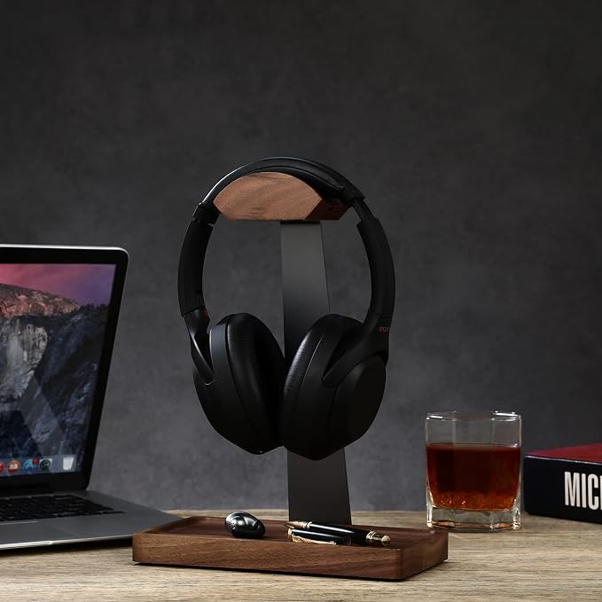 Walnut Headphone Stand, Wood Headset Stand for Desk, Gaming Headphone Holder with Storage Base Compatible with Airpod max, Bose, Razer, Sennheiser, Jabra, JBL, AKG, Grey, Vintage Gift for Men