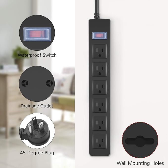 Outdoor Power Strip Waterproof with 6 Outlets, Garden Weatherproof Surge Protector, Christmas Multiple Outlet Exterior Socket for Lighting Appliances. 25FT Extension Cord Strip with Flat Plug. Black