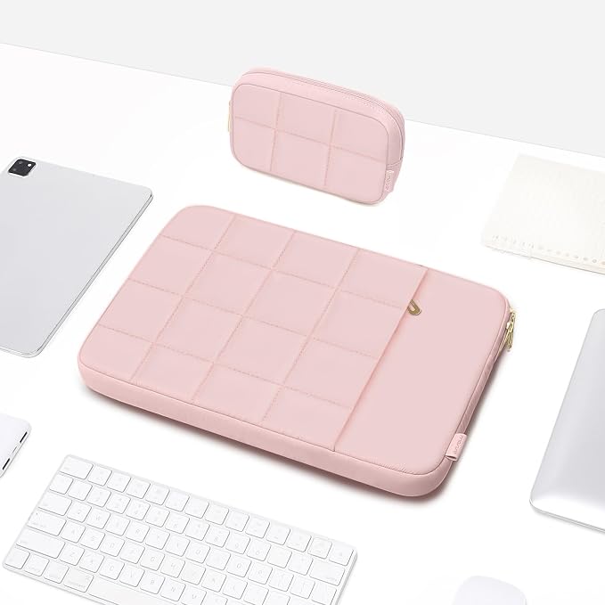MOSISO Laptop Case 16 inch, 15-15.6 inch Puffy Laptop Sleeve Compatible with MacBook Pro 16 M5 M4 M3 M2 M1, HP Acer Dell Lenovo,Twelve Square Quilted Bag with Vertical Pocket&Small Case, Pink