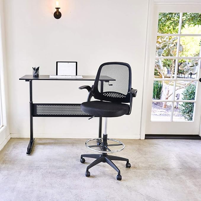 BestOffice Drafting Chair Tall Office Chair Standing Desk Chair Mesh Computer Chair Adjustable Height with Lumbar Support Flip Up Arms Swivel Rolling Executive Chair,Black