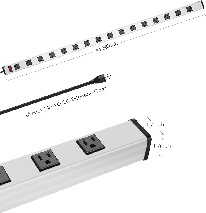 JUNNUJ Long Metal 16 Outlet Power Strip, Wide Spaced Garage Industrial Heavy Duty Power Strip with 25 FT Cord 15A, 125V, 1875W-Silver