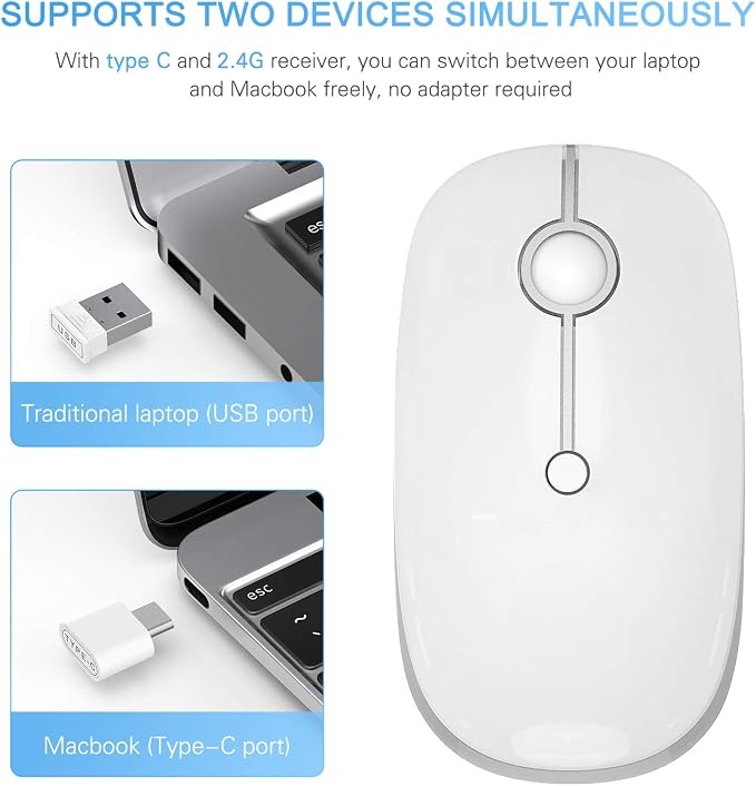 VssoPlor Type C Wireless Mouse, Dual Mode 2.4G Wireless Mouse USB C Cordless Mice with Nano USB and Type C Receiver Compatible with PC, Laptop, MacBook and All Type C Devices-White Silver
