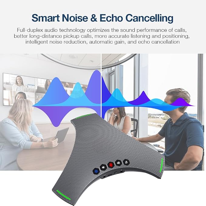 Conference Speaker and Microphone, Bluetooth/USB/Dongle Speakerphone w/ 3+1 Mics, 360° Enhanced Voice Pickup, Noise Reduce, Daisy Chain Compatibility for Large and All Conference Rooms