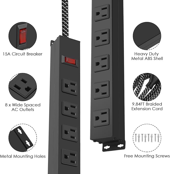 8 Outlet Power Strip - Metal Power Strip with Switch,Wide Spaced Moutable Surge Protector 1200J,10ft 14Awg Braided Cord,Home Office Industrial Garage Commercial